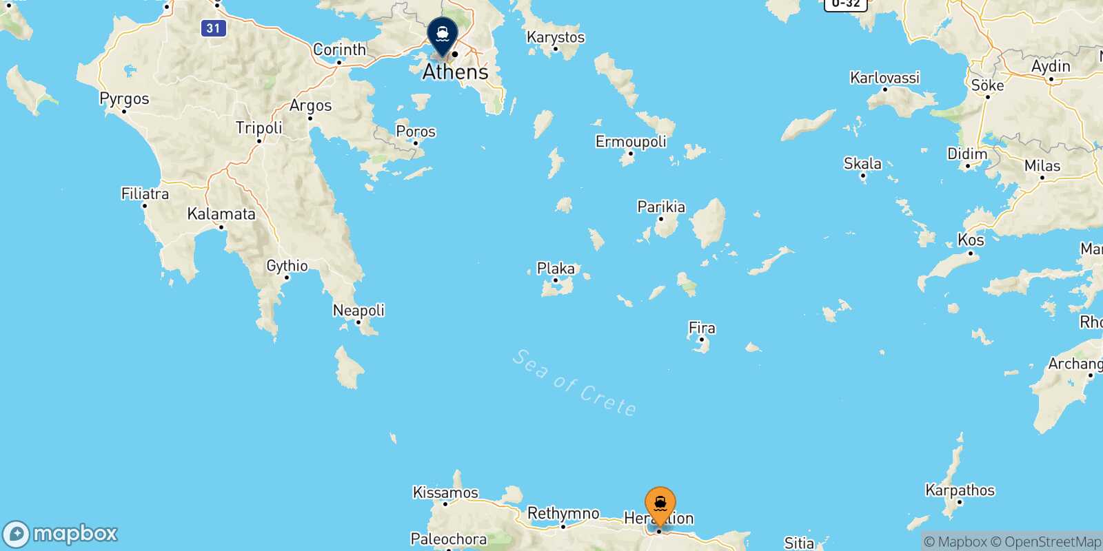 Heraklion Piraeus route map