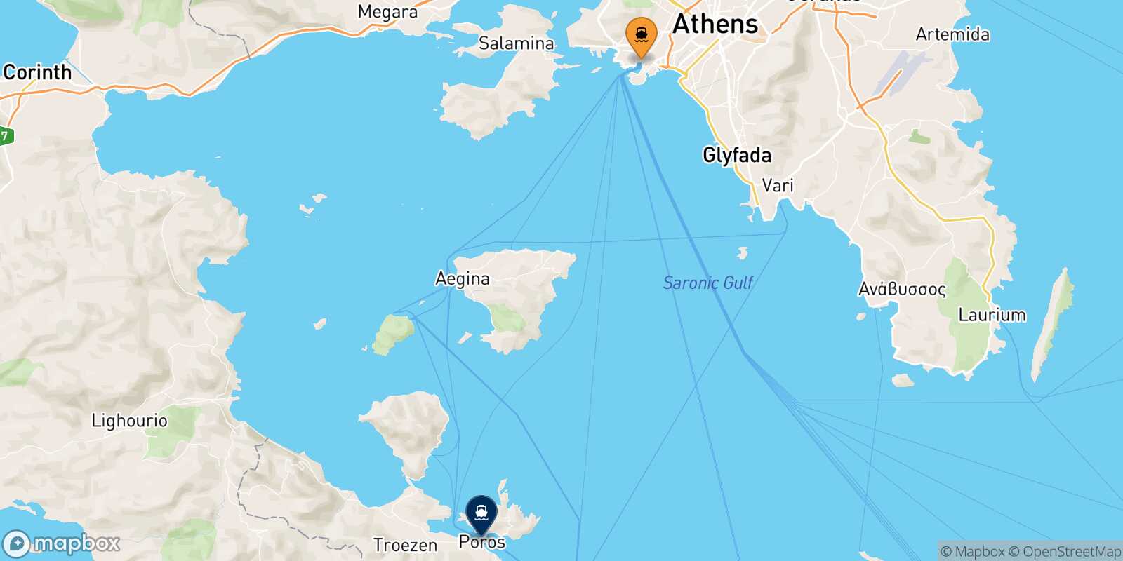 Piraeus Poros route map