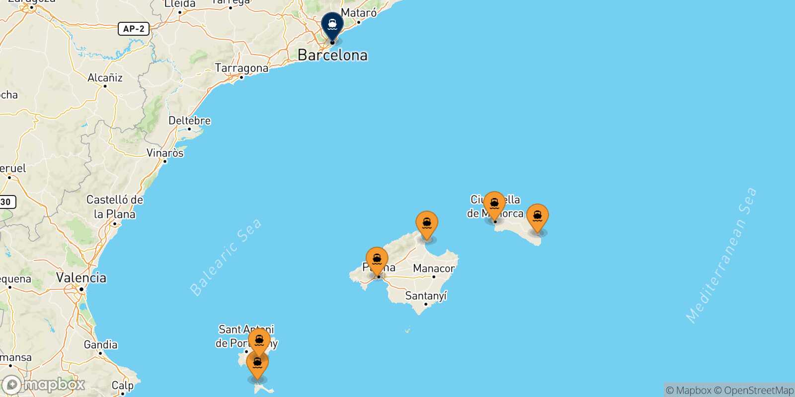 Map of the ports connected with  Barcelona