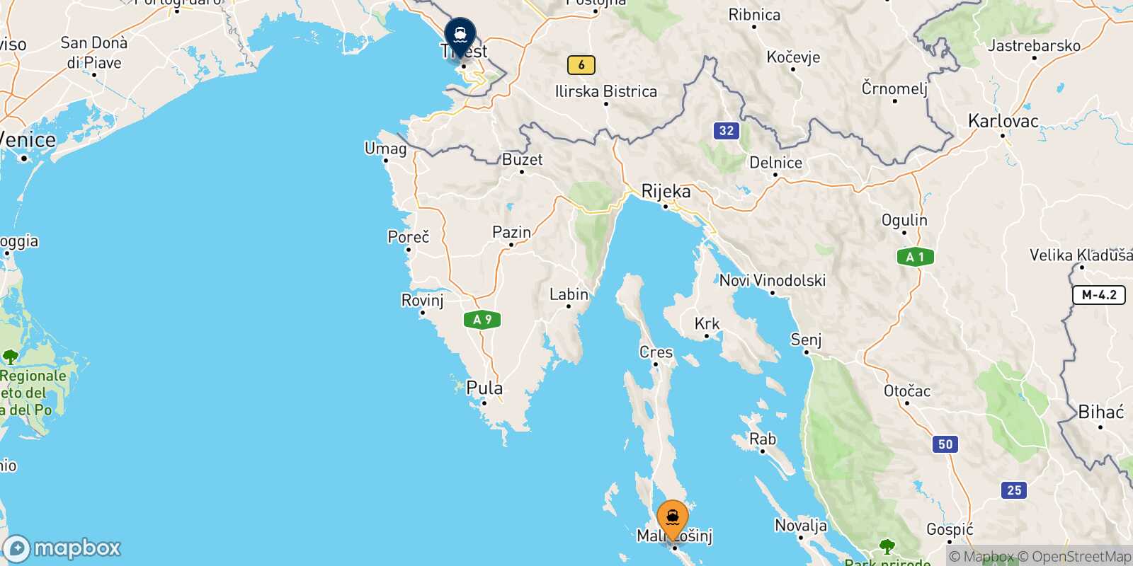 Map of the destinations reachable from Mali Losinj