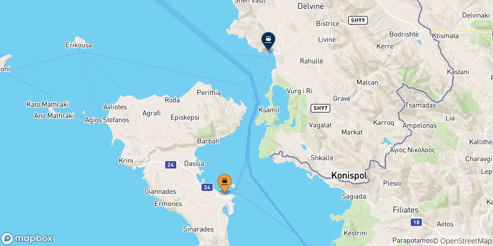Map of the possible routes between Greece and Albania