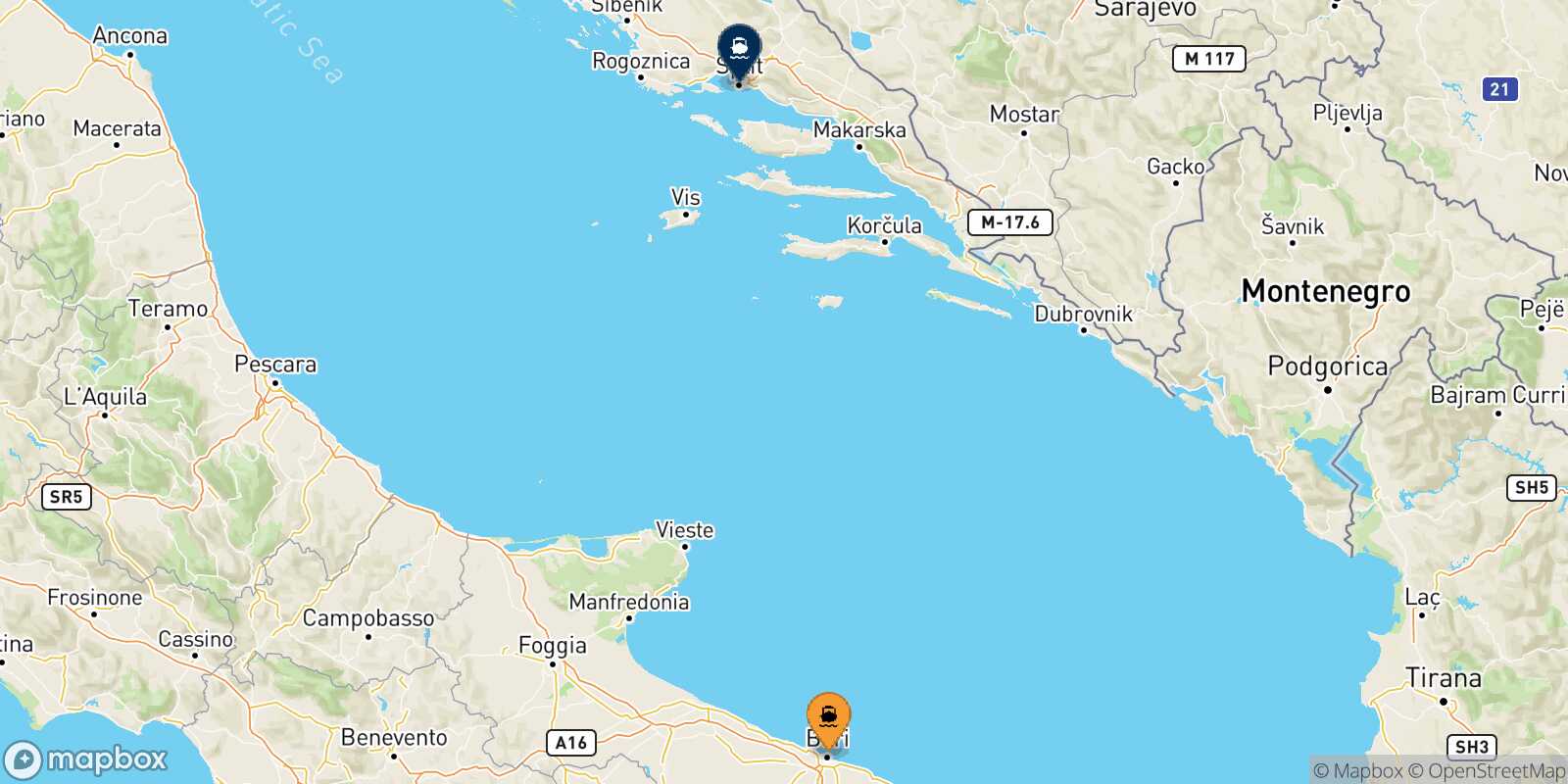 Bari Split route map