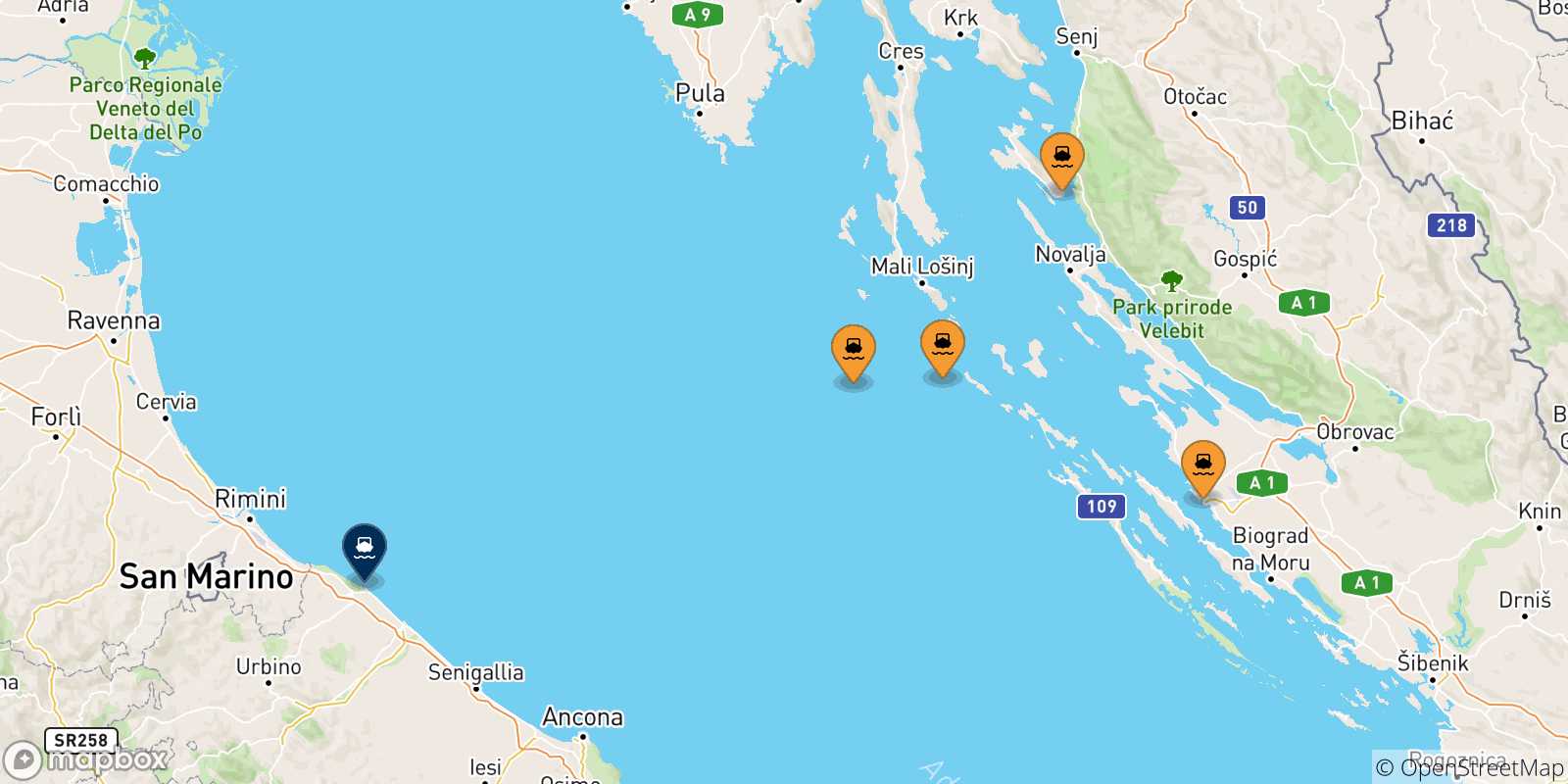 Map of the possible routes between Croatia and Pesaro