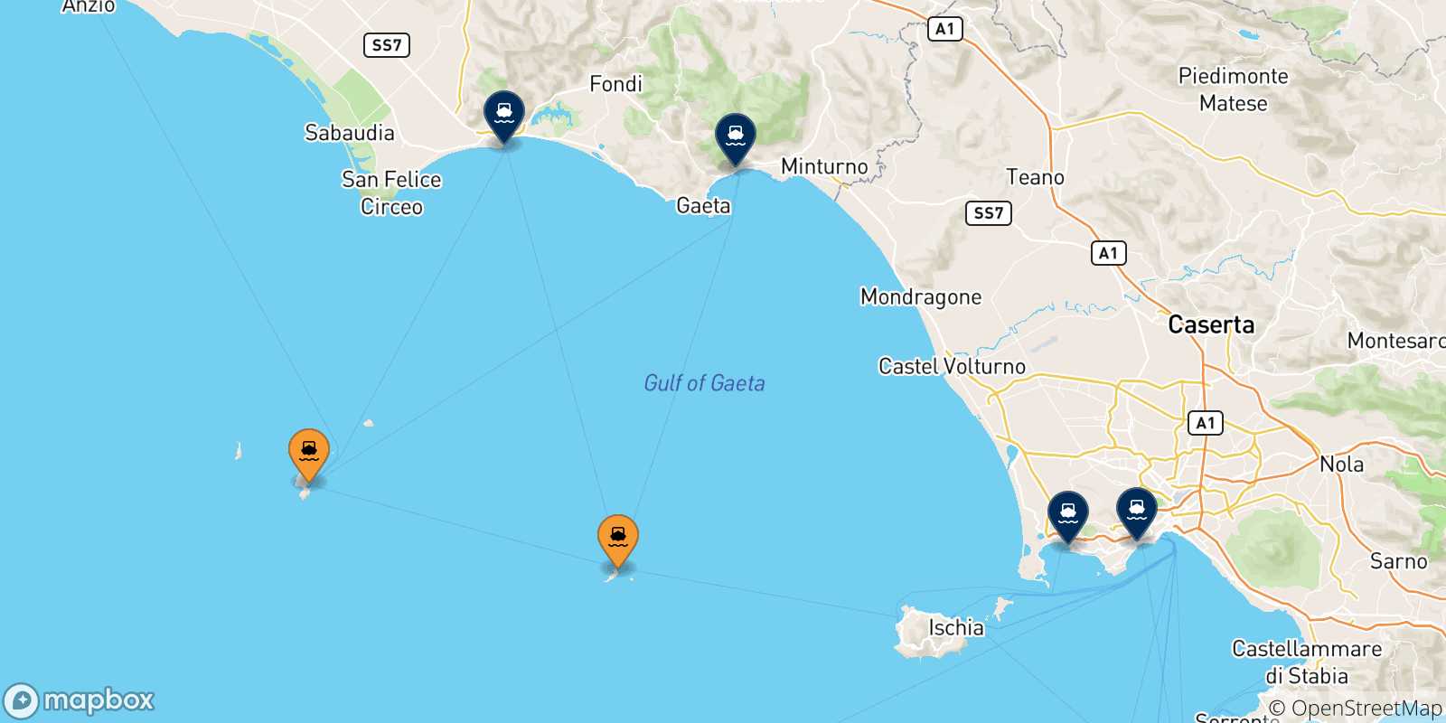 Map of the possible routes between Pontine Islands and Italy