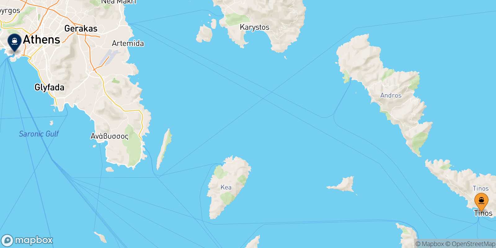 Tinos Piraeus route map