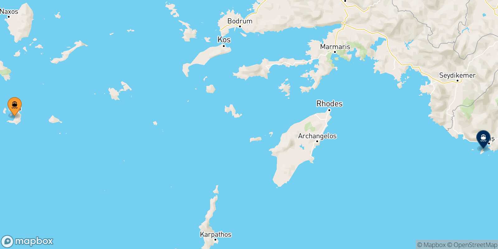 Thira (Santorini) Kastelorizo route map