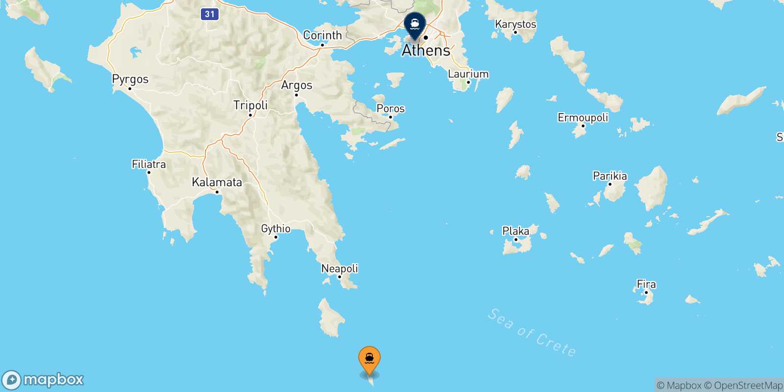 Antikythira Piraeus route map