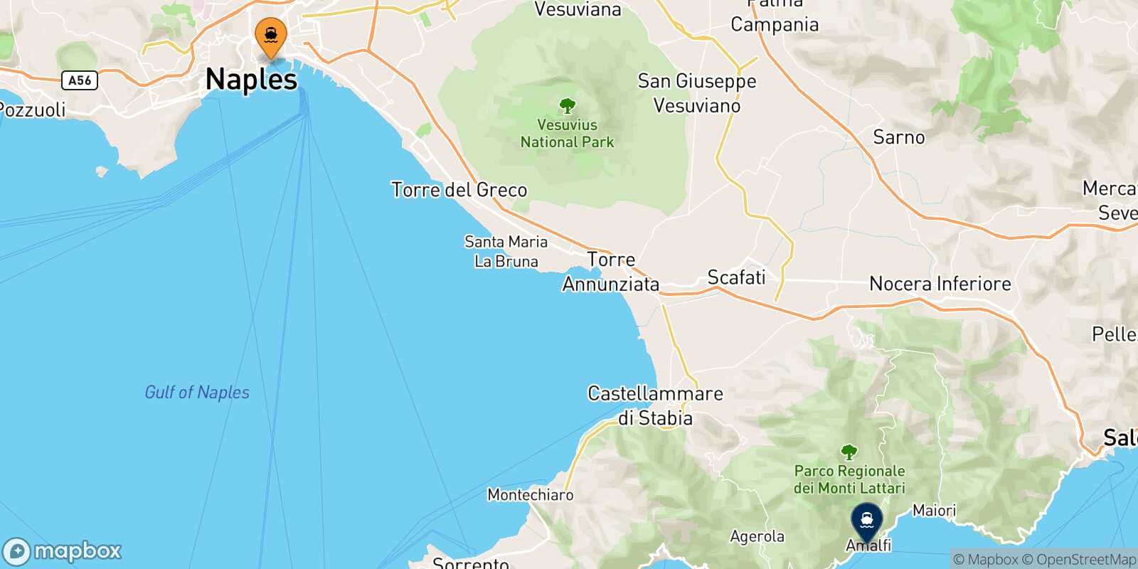 Naples Beverello Amalfi route map