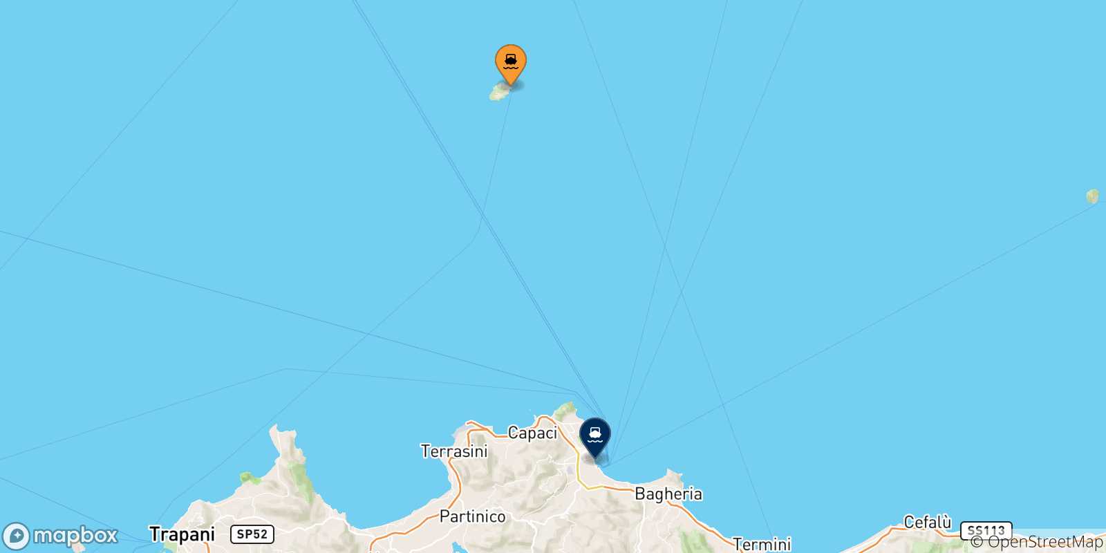 Map of the possible routes between Ustica Island and Italy