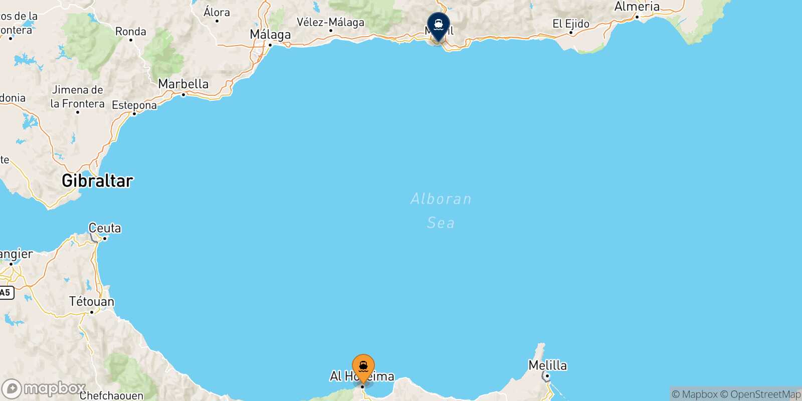 Map of the destinations reachable from Al Hoceima
