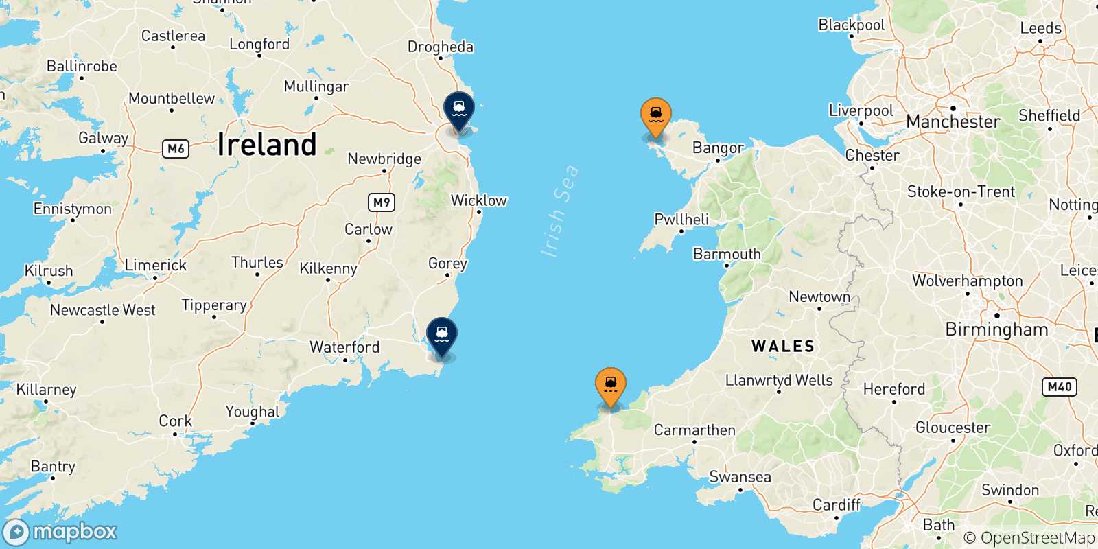 Map of the possible routes between Uk and Ireland