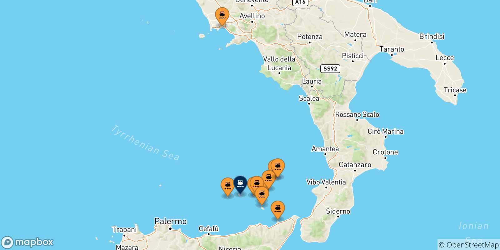 Map of the possible routes between Italy and Filicudi