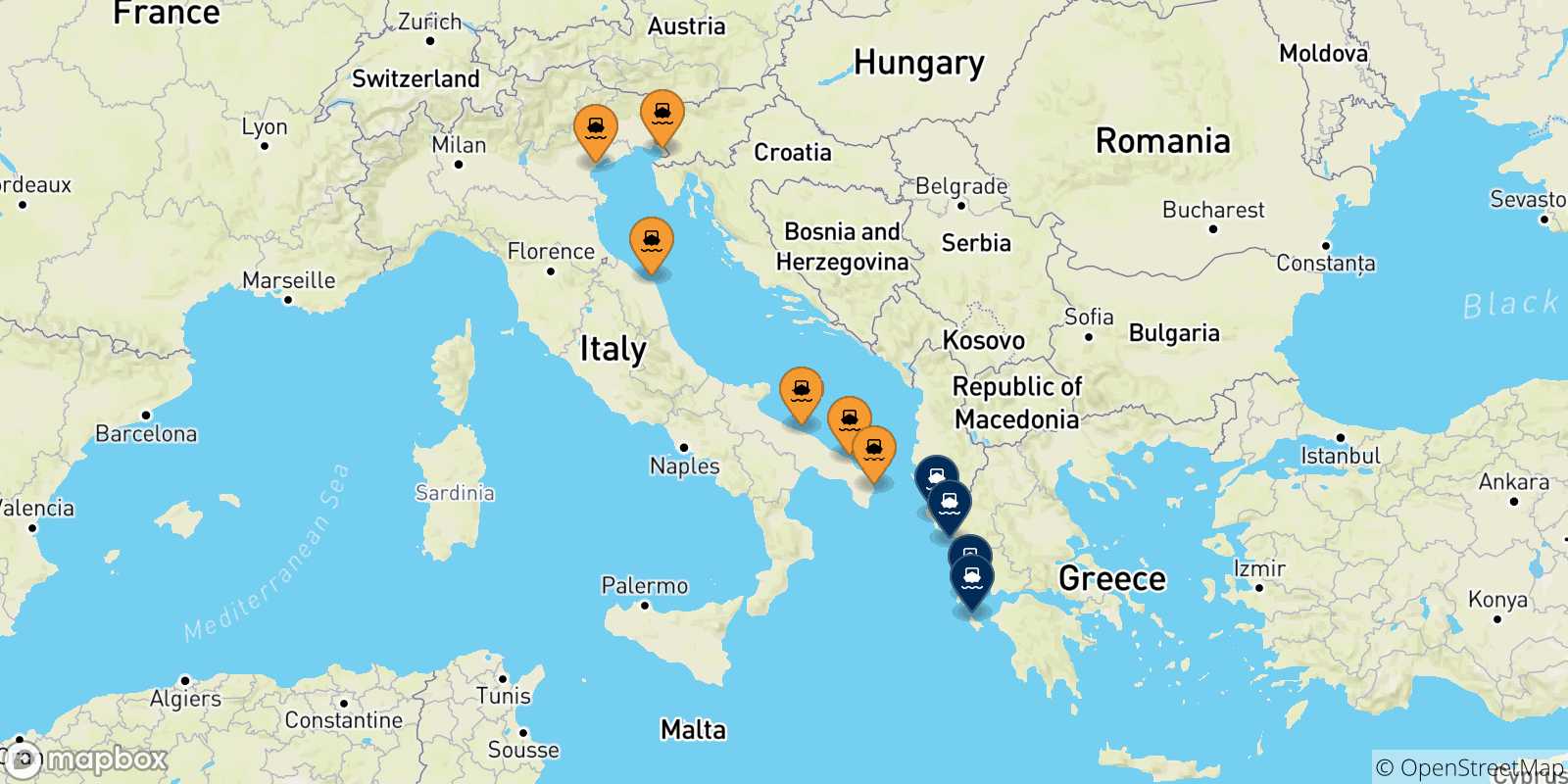Map of the possible routes between Italy and Ionian Islands