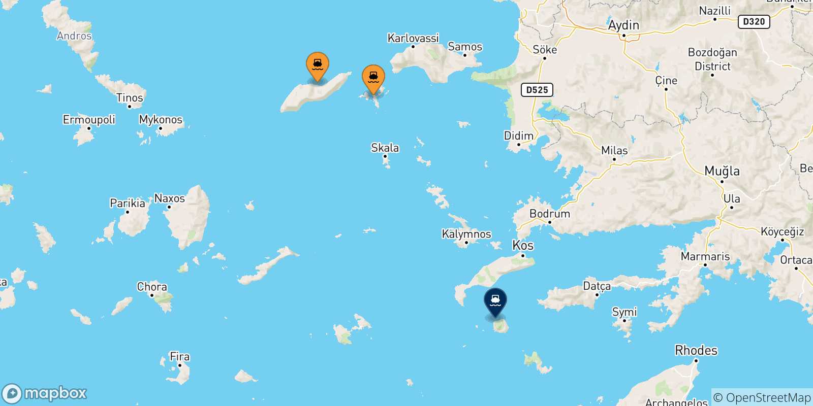 Map of the possible routes between Aegean Islands and Nisyros
