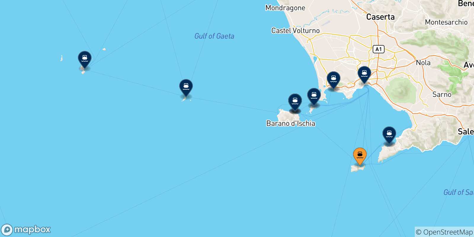 Map of the destinations reachable from Gulf Of Naples