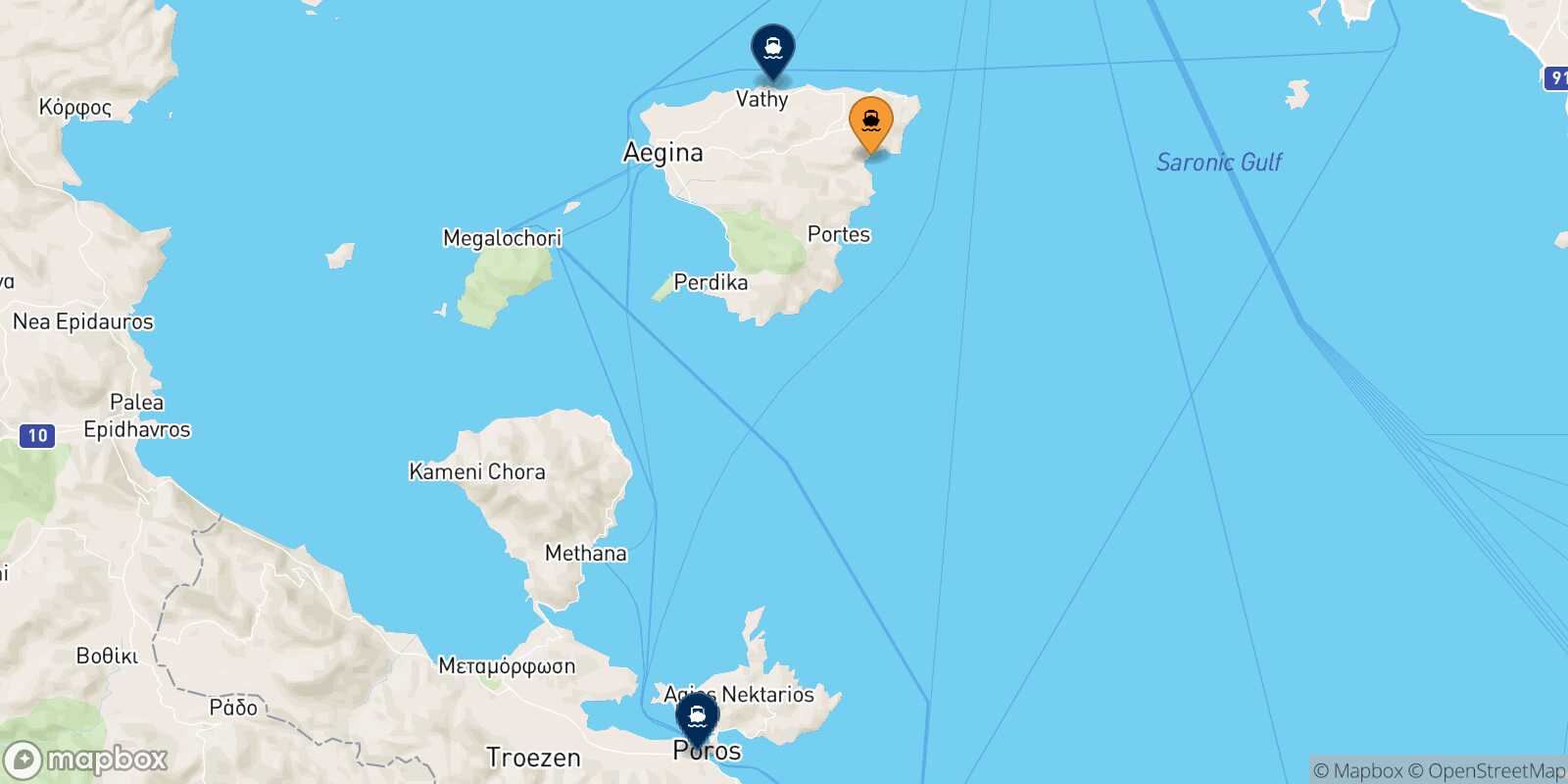 Map of the destinations reachable from Agia Marina (Aegina)