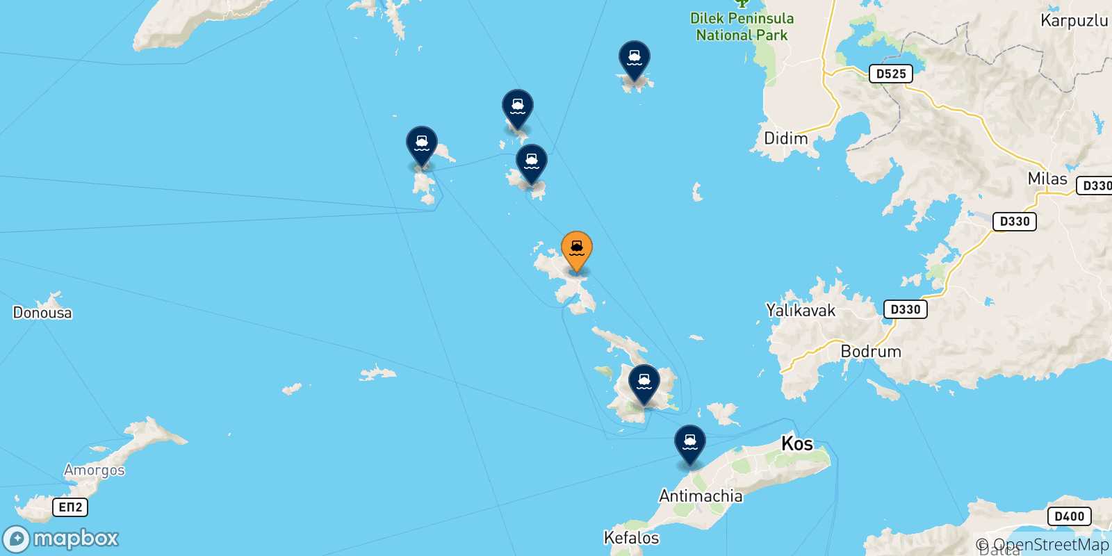 Map of the possible routes between Agia Marina (Leros) and Dodecanese Islands