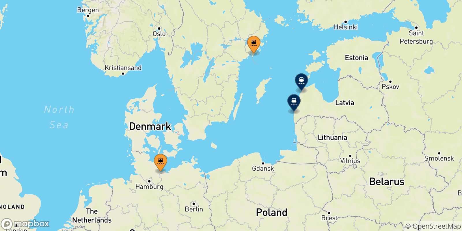 Map of the ports connected with  Latvia