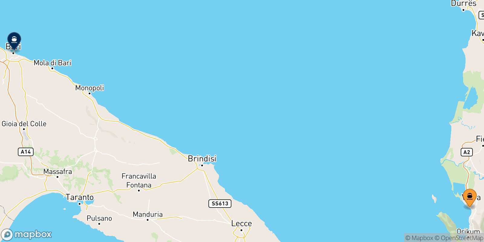 Vlore Bari route map