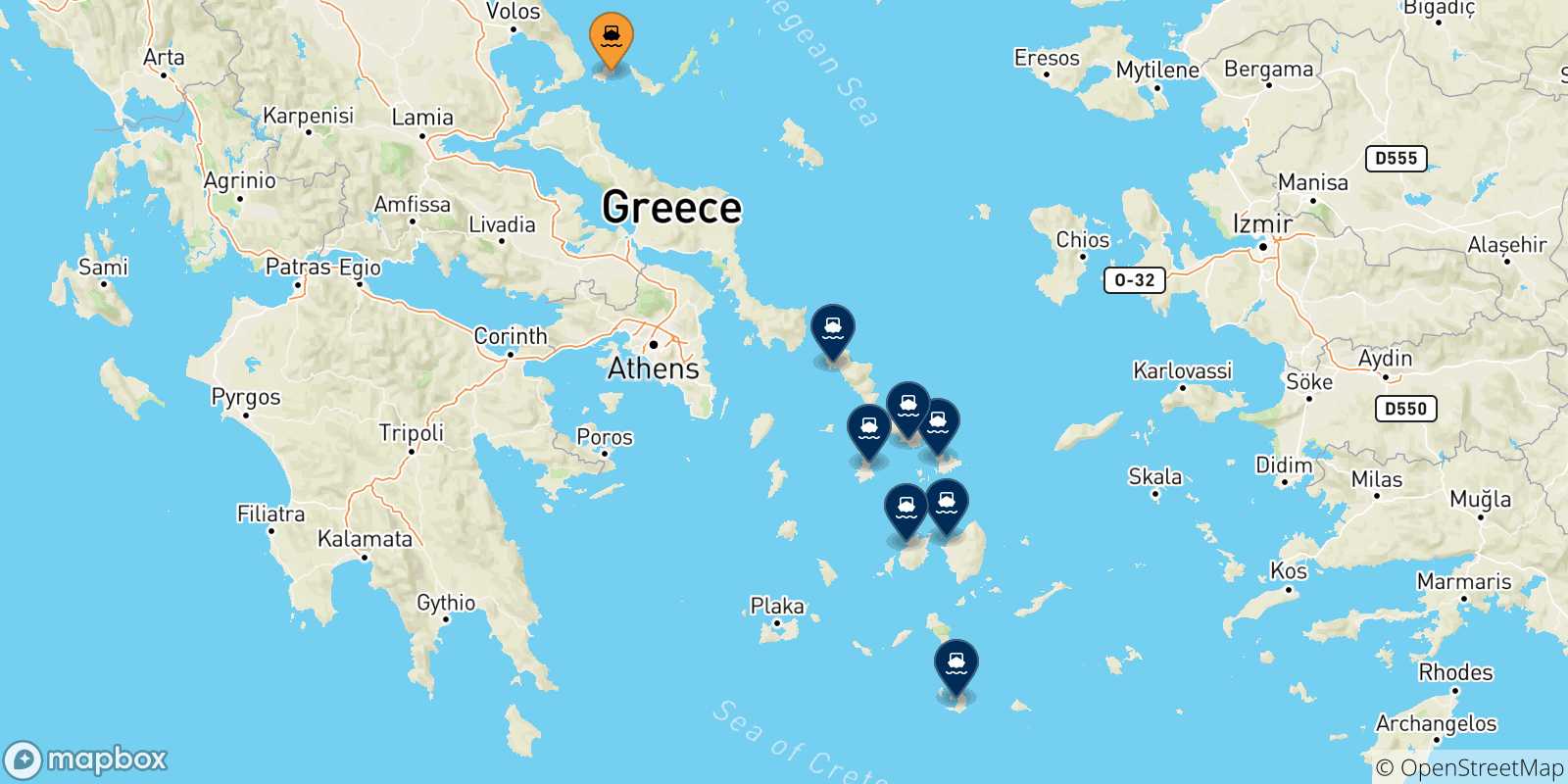 Map of the possible routes between Sporades Islands and Cyclades Islands