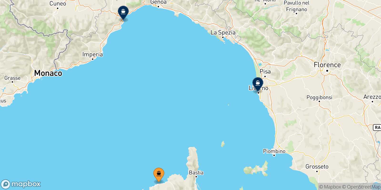 Map of the destinations reachable from Ile Rousse