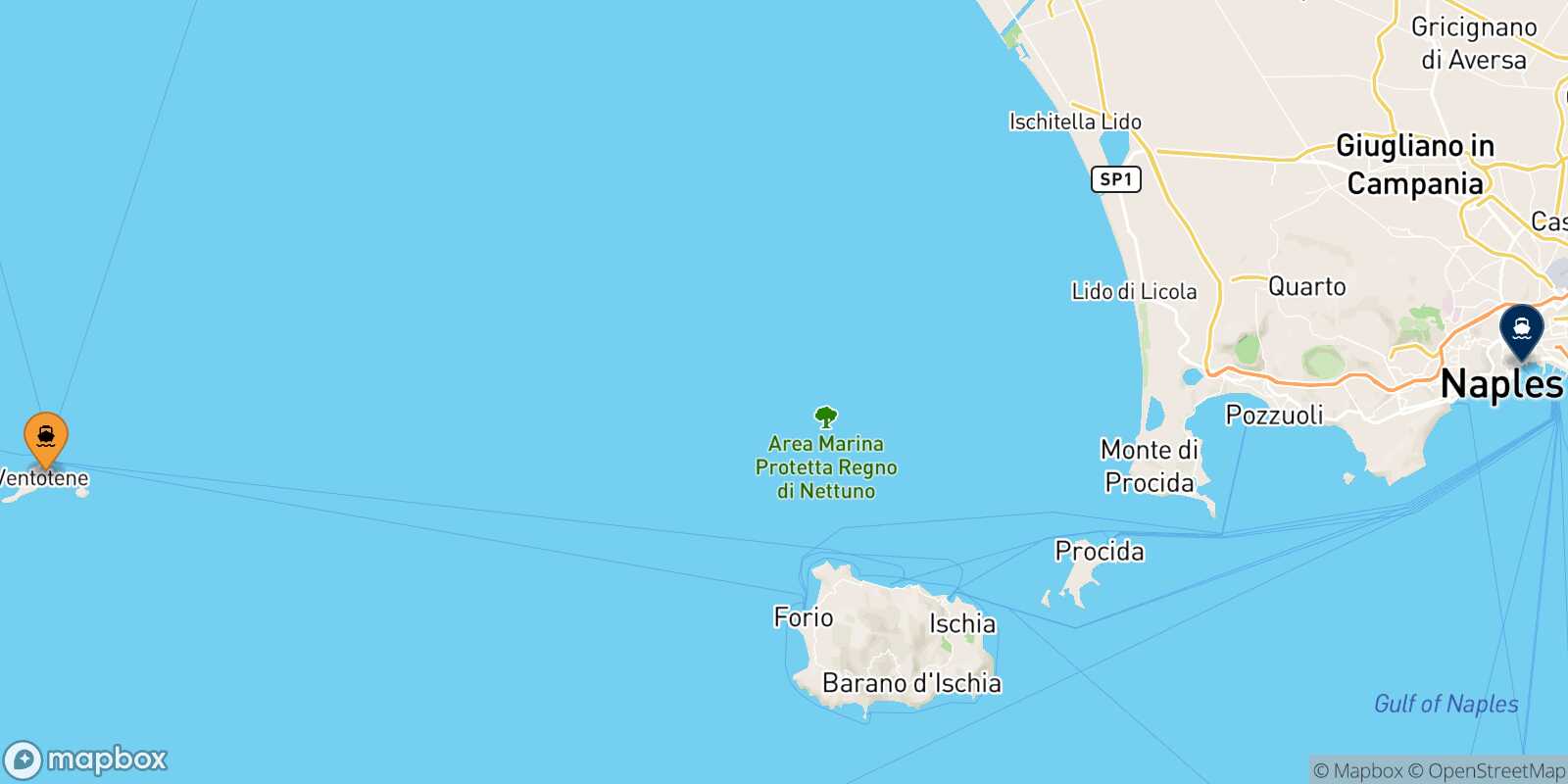 Ventotene Naples Beverello route map