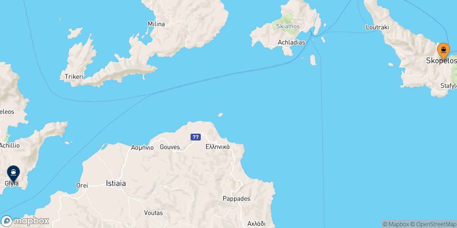 Glossa (Skopelos) Glyfa route map