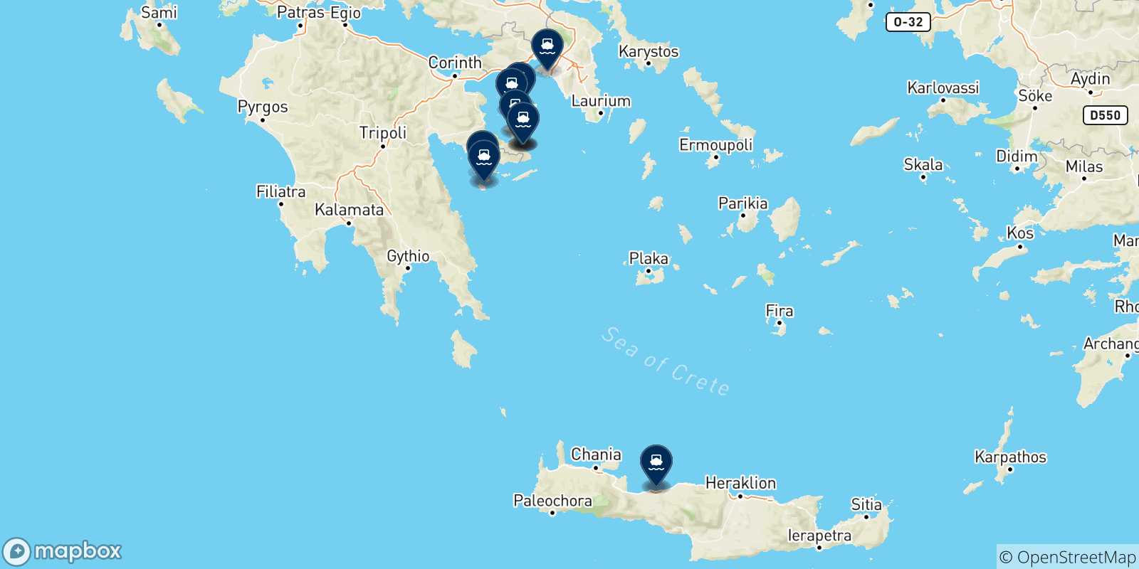 Map of the destinations reachable from the Saronic Islands