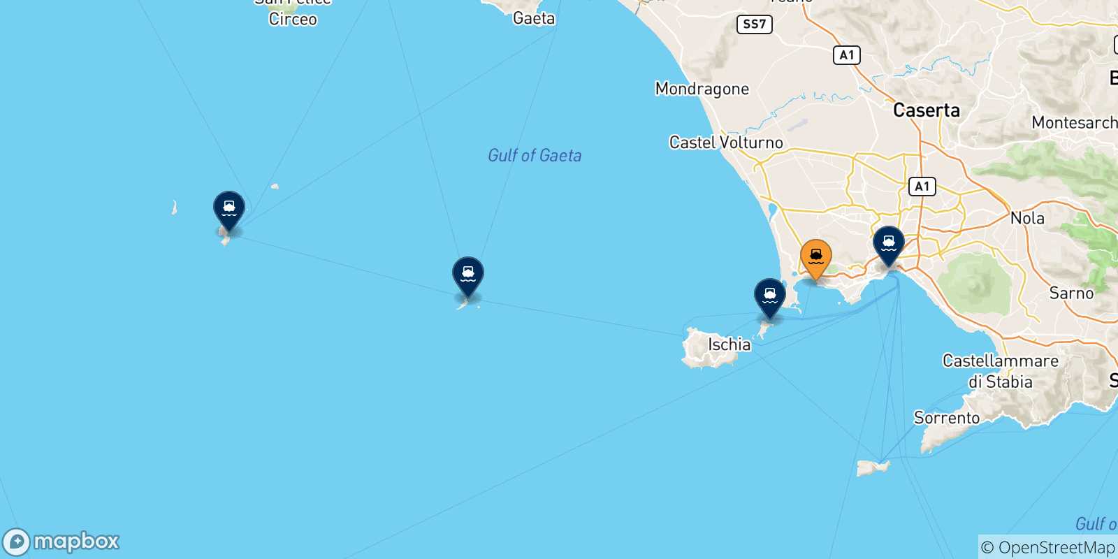 Map of the possible routes between Casamicciola (Ischia) and Italy