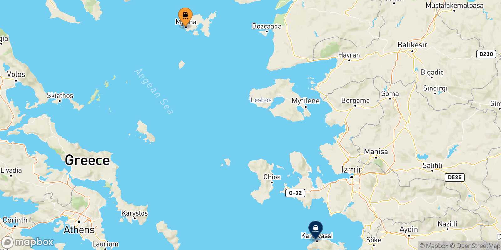 Myrina (Limnos) Karlovassi (Samos) route map