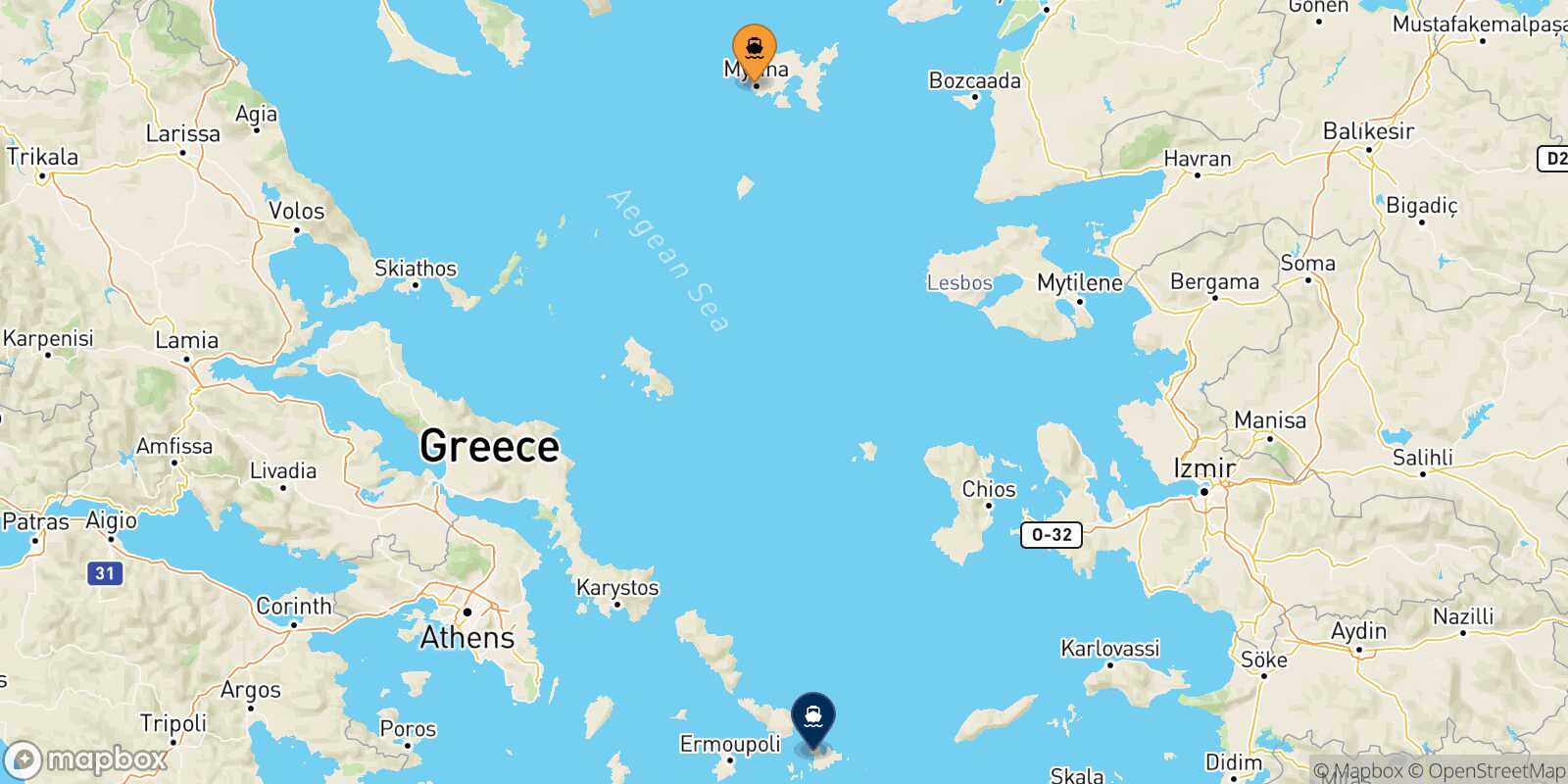 Myrina (Limnos) Mykonos route map