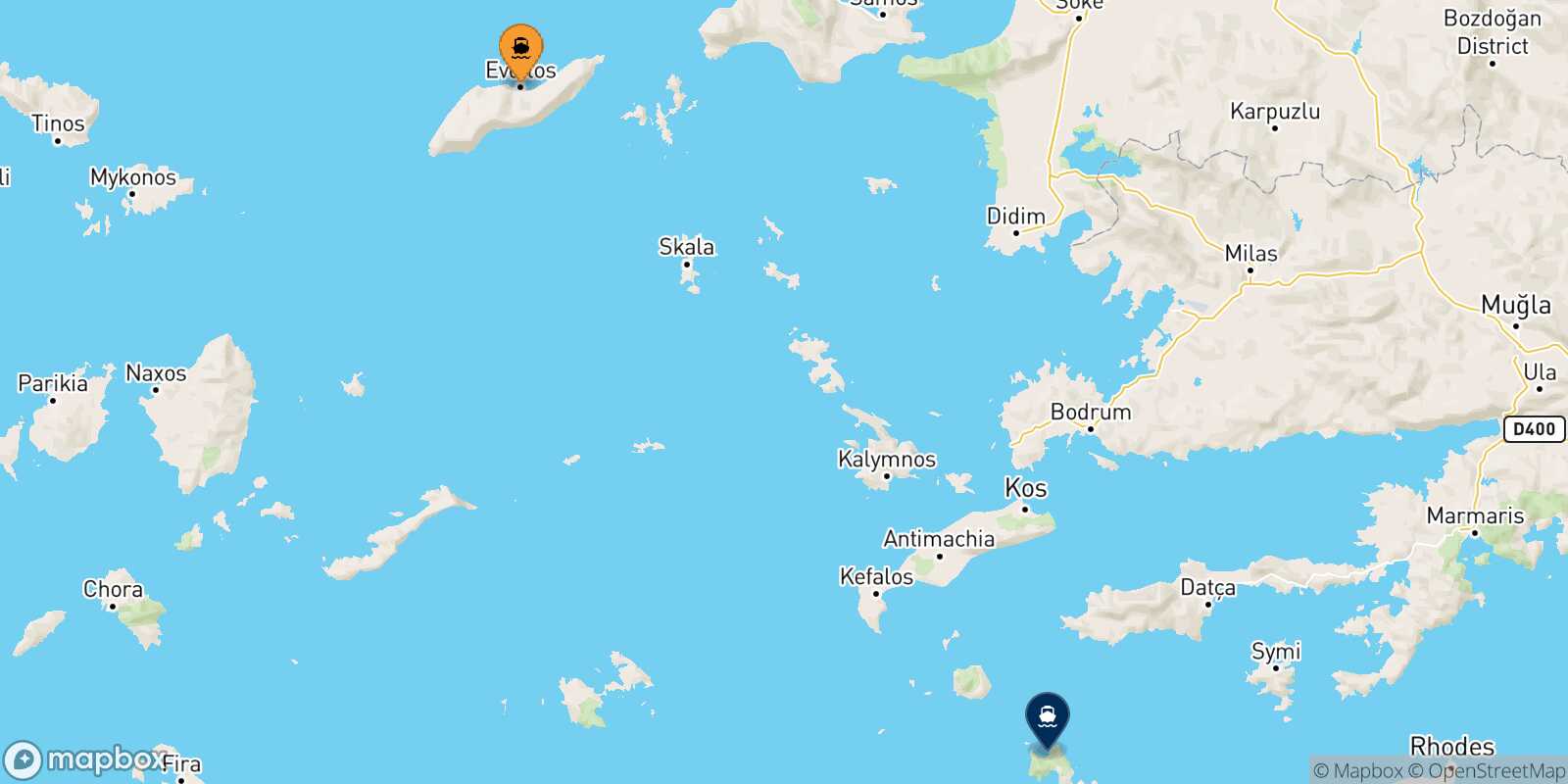 Evdilos (Ikaria) Tilos route map