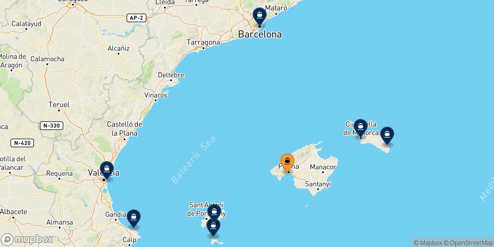 Map of the destinations reachable from Palma