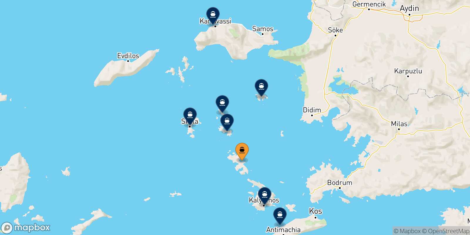 Map of the destinations reachable from Agia Marina (Leros)