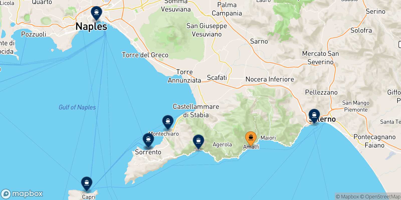 Map of the destinations reachable from Amalfi