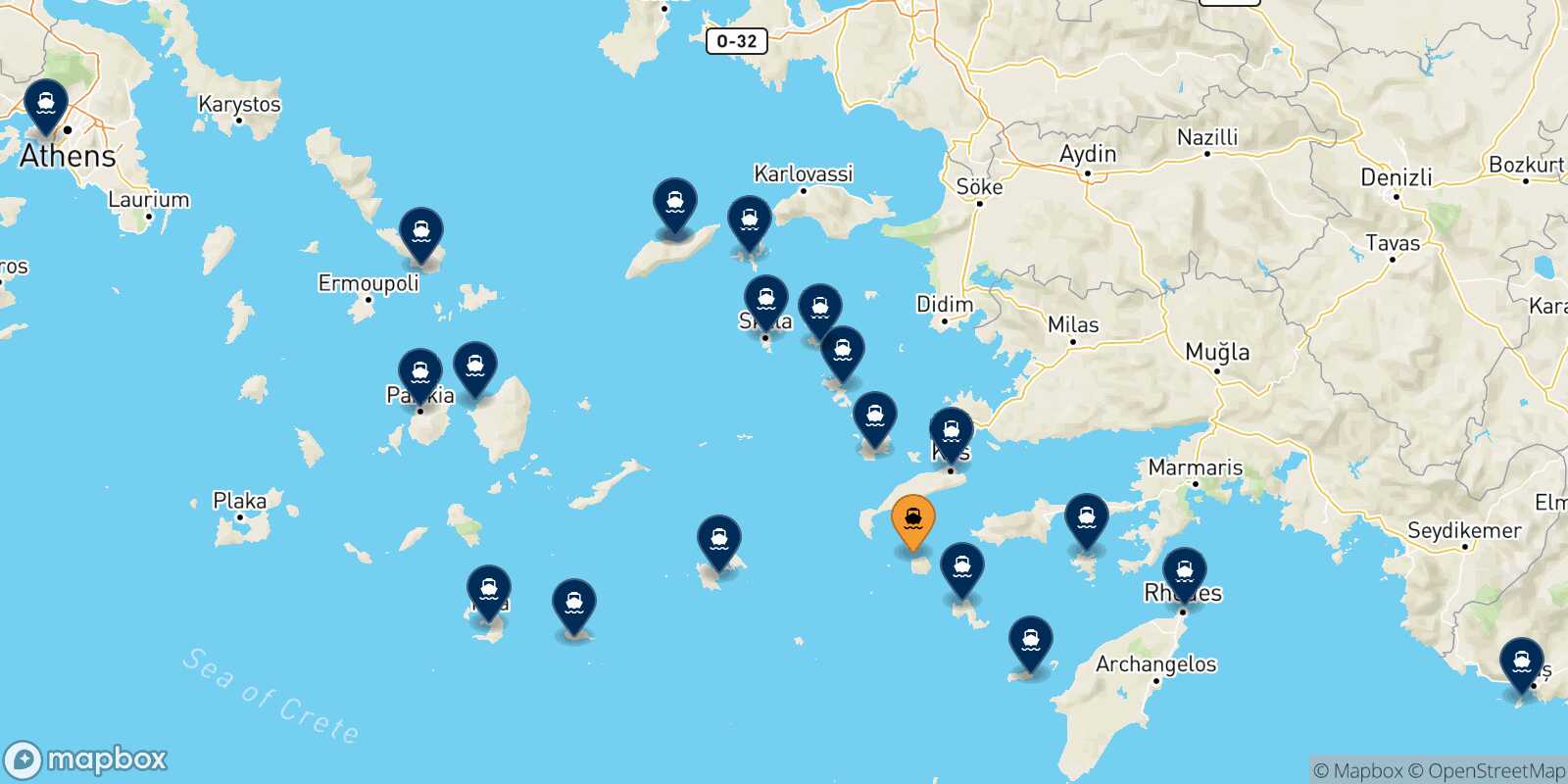 Map of the destinations reachable from Nisyros