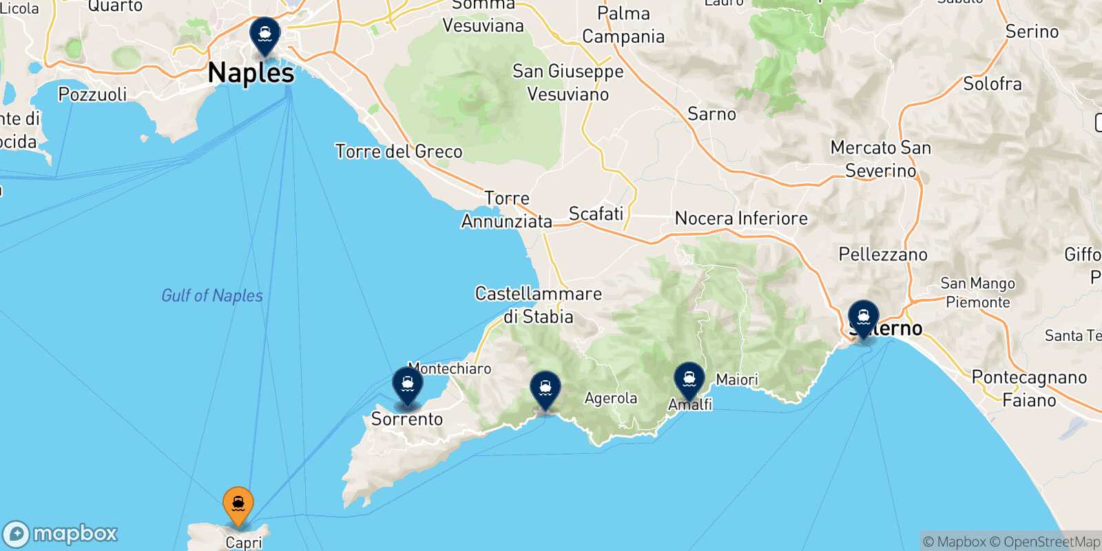 Map of the destinations reachable from Capri