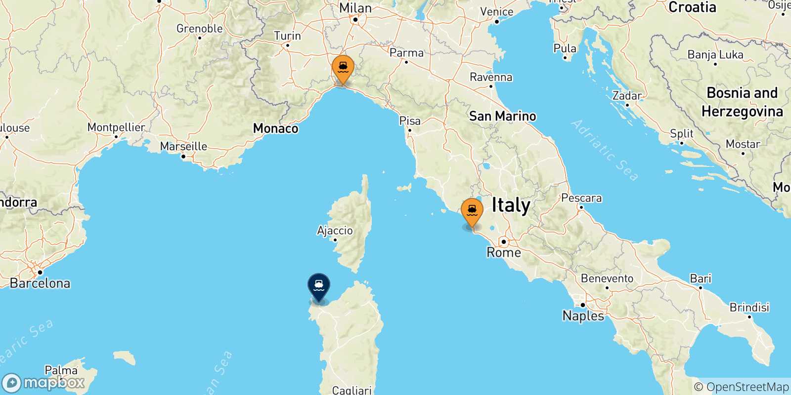 Map of the possible routes between Italy and Porto Torres