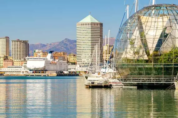 View of the port and the aquarium in Genoa, Italy.