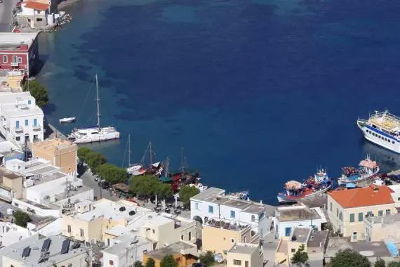 Aerial view of the sea and the coast on Leros, in the Dodecanese.