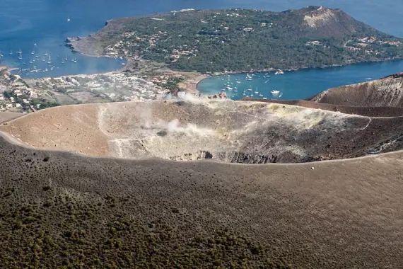 View of the crater and the sea, on ​​Vulcano in the Aeolian Islands, Italy.