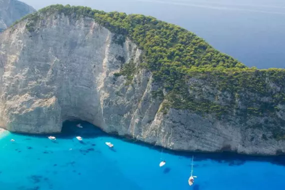 An aerial view of Navagio beach in Zakynthos, Greece.