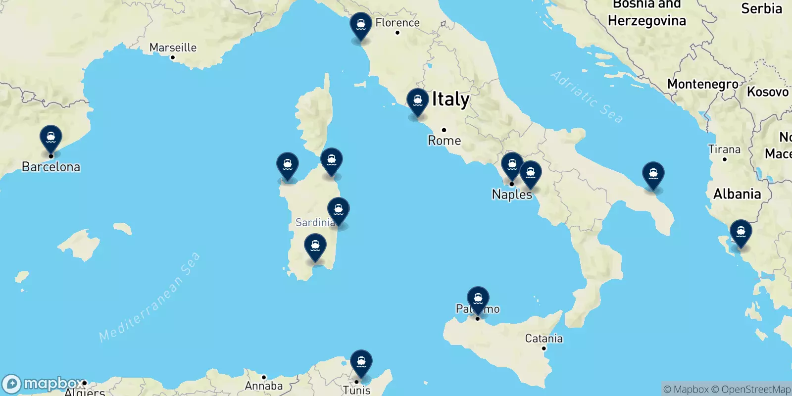 Grimaldi Lines destinations map