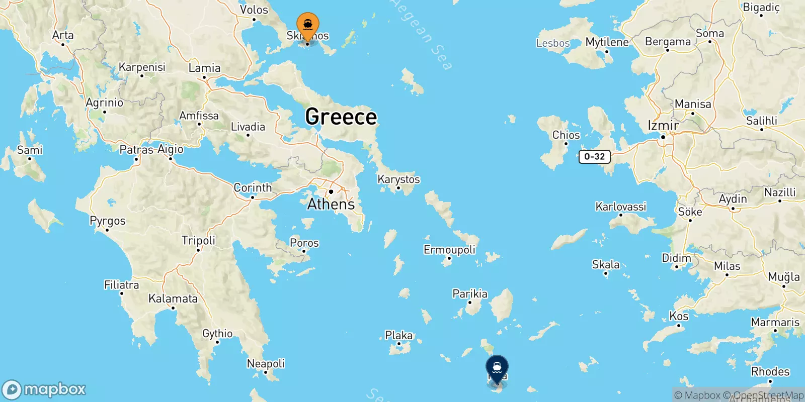 Ferries from Skiathos to Thira (Santorini)